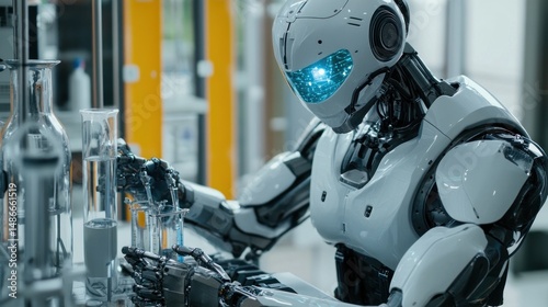 Futuristic robot conducting a scientific experiment in a modern lab