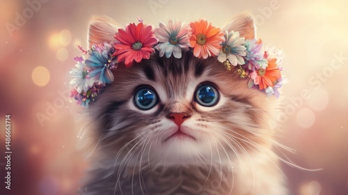 Fluffy kitten with a multi-colored flower crown, soft gradient background generative ai