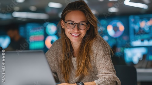 Female cybersecurity expert with glasses, smiling while reviewing data on her laptop, seated in a high-tech workspace with digital charts and analytics boards nearby
