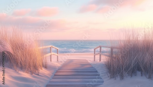 Pastel beach boardwalk at sunrise
