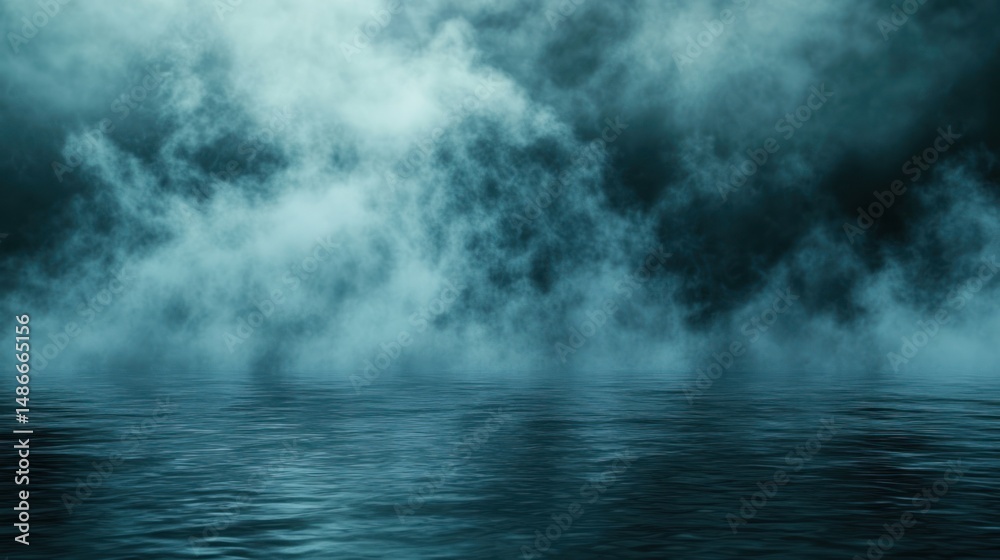 Fototapeta premium Moody water reflection dark teal fog atmospheric sky serene nature scene