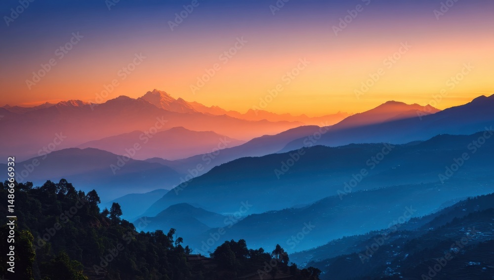 Obraz premium Majestic Himalayan sunrise paints the mountain ranges in vibrant hues of orange, pink, and blue, creating a breathtaking layered landscape. : Generative AI