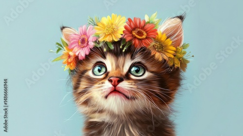 Friendly kitty with a vibrant flower crown, light blue background generative ai