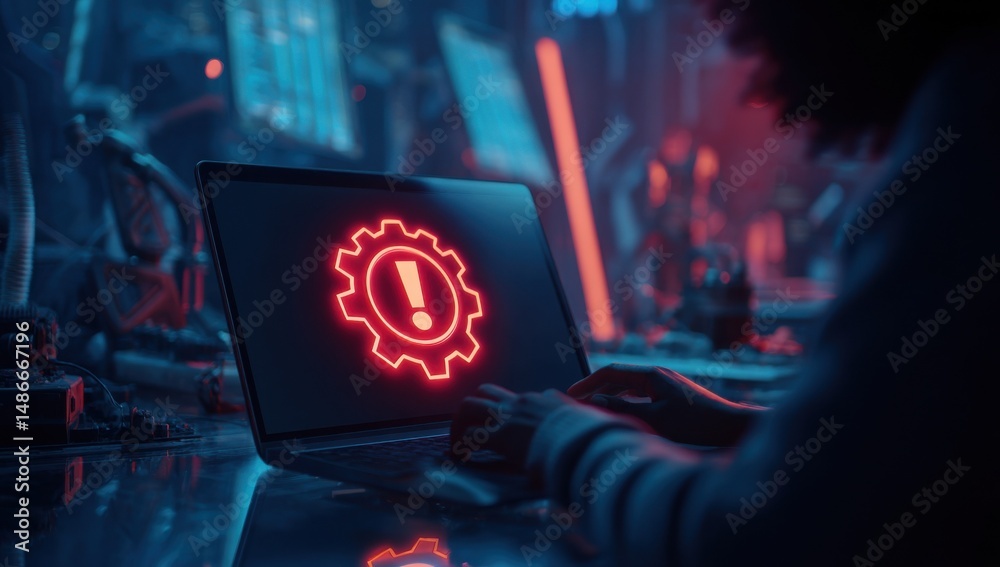 custom made wallpaper toronto digitalPerson working on laptop with red warning gear icon on screen, futuristic setting, neon lights, dark ambiance, technology error, system alert. : Generative AI