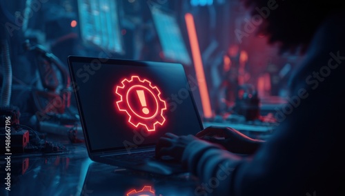 Wallpaper Mural Person working on laptop with red warning gear icon on screen, futuristic setting, neon lights, dark ambiance, technology error, system alert. : Generative AI Torontodigital.ca