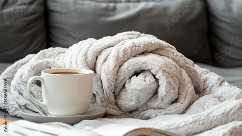Cozy warmth soft gray blanket and warm drink on couch