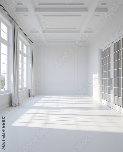 Elegant empty white room with large windows and soft natural sunlight casting shadows on the floor, showcasing classic interior architecture and minimal aesthetic atmosphere

