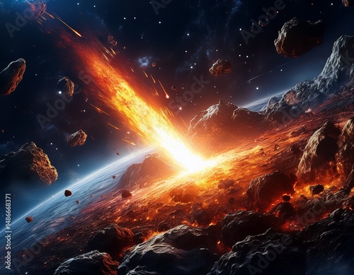 fiery meteorite impacting earth amidst cosmic debris