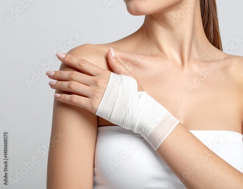 woman with a bandaged hand.