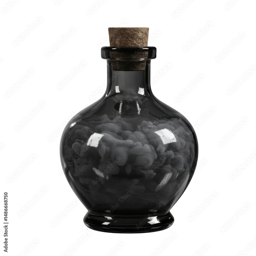 A small glass bottle filled with dark gray smoke and cork. It?s a potion or poison concept A small glass bottle filled with dark gray smoke and cork. It?s a potion or poison concept