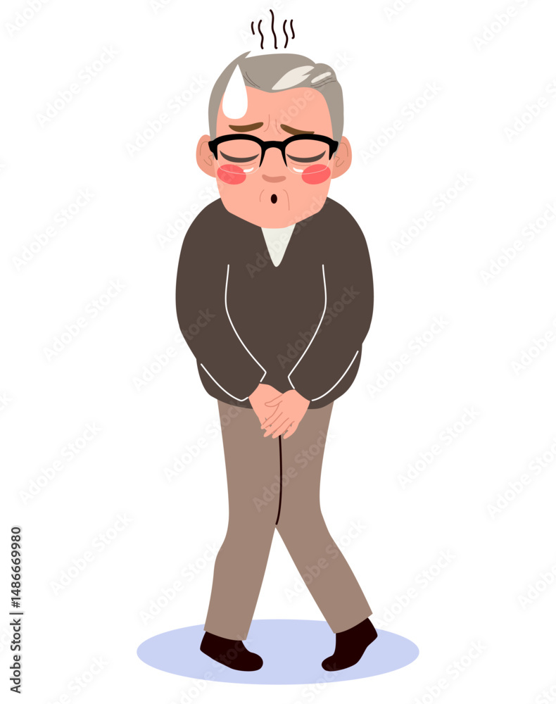 Obraz premium Senior man having frequent urination problem vector illustration. Stressed elderly grandpa character having prostate problems, health awareness concept