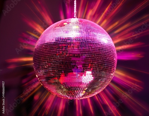 vibrant pink disco ball reflecting colorful lights perfect for party dance or celebration themes in stock photos