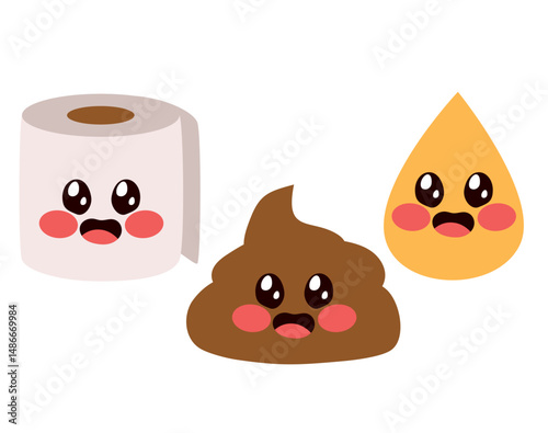 Cute cartoon poop, pee and toiler paper characters with funny faces. Vector clip art illustration. Children potty training mascots