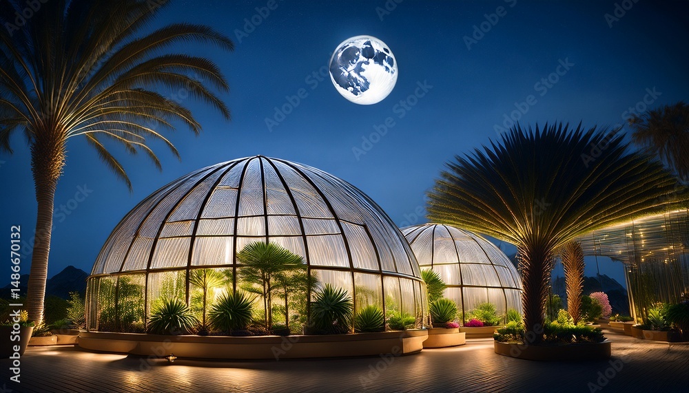 Fototapeta premium serene night view of glass domes showcasing vibrant plants under a full moon