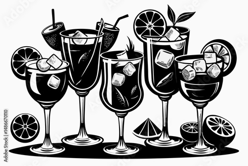 Illustration of five cocktail glasses with ice and citrus fruits in black and white style