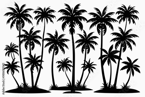 Silhouette depiction of a tropical scene featuring several palm trees on small islands on white background