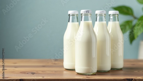 Fresh kefir in glass bottles displayed on a wooden table with green foliage in the background