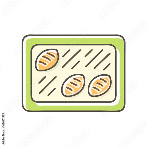 Baking tray with three loaves of bread on a green background  