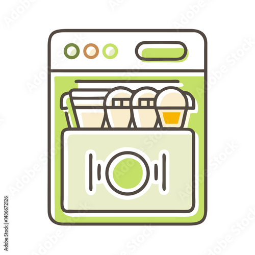 Dishwasher with clean dishes viewed from the front in a modern style  