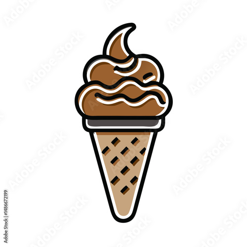 Chocolate ice cream cone with swirls and waffle cone texture  