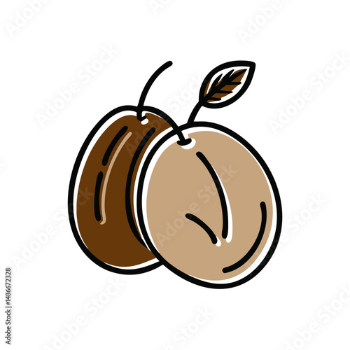 Two illustrated plums with leaves in simple flat design  