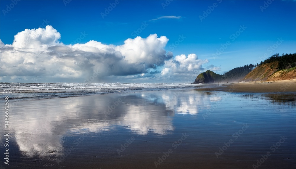 Fototapeta premium scenic oregon coast reflecting blue sky and fluffy white clouds on wet sand