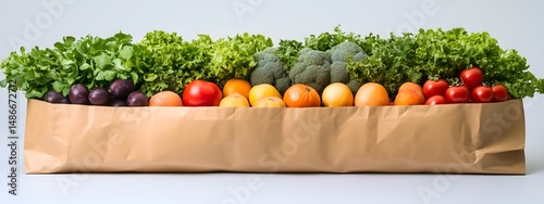 Top view of a paper bag with fresh vegetables and fruits on a white background, a banner for a shopping concept, with copy space. 