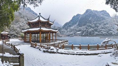 Wallpaper Mural Snowy winter landscape with traditional Chinese pavilion. Torontodigital.ca