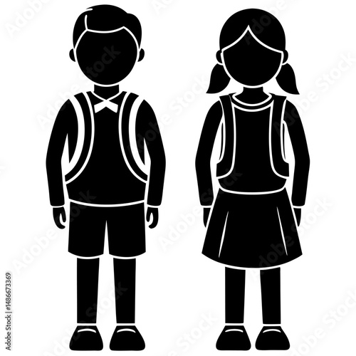 schoolboy icon, kid symbol isolated, boy and girl with backpack, human silhouette, child symbol.
