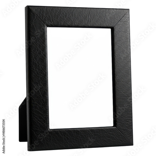 Black leather picture frame with a white center, standing on a flat black surface