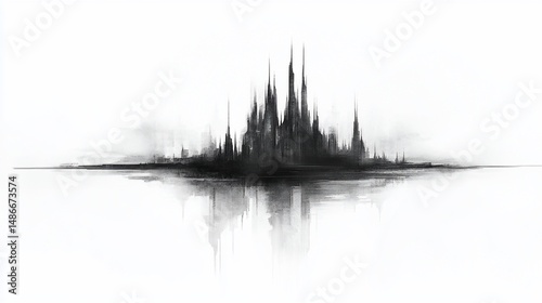 Silhouetted city skyline, dark and mysterious, reflected on water