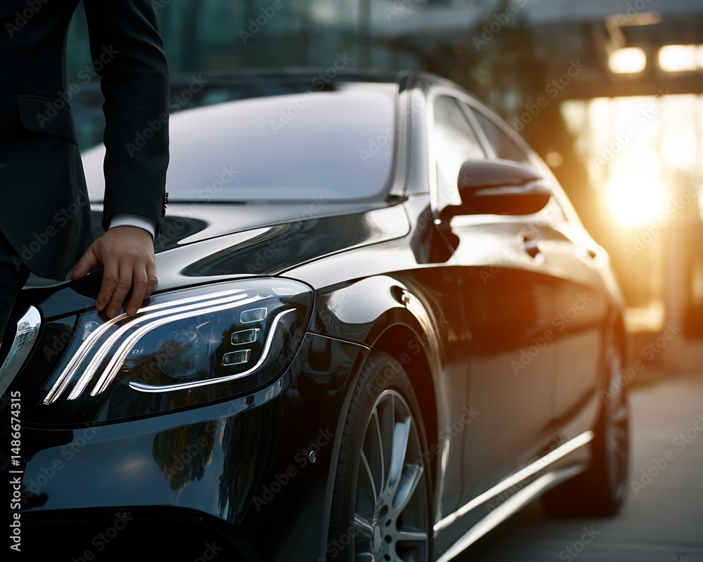 Fototapeta premium Man and Black Luxury Sedan at Sunset