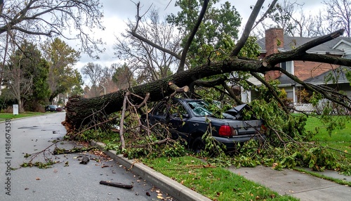 Car Damaged By Fallen Tree On A Residential Street After A Storm photo
