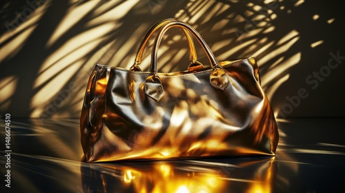 Metallic gold tote bag sunlight palm shadows fashion accessory photography