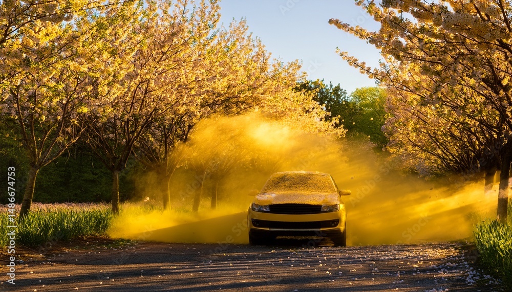 Obraz premium car blanketed in golden pollen glistens under the sun surrounded by vibrant blooming trees with pollen gently drifting through the warm air on a spring morning