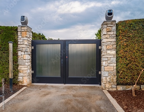 automatic sliding gate installed in a tall stone fence wall with remote control security and protection concept