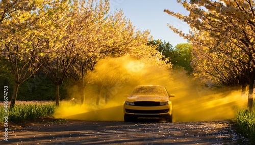 car blanketed in golden pollen glistens under the sun surrounded by vibrant blooming trees with pollen gently drifting through the warm air on a spring morning