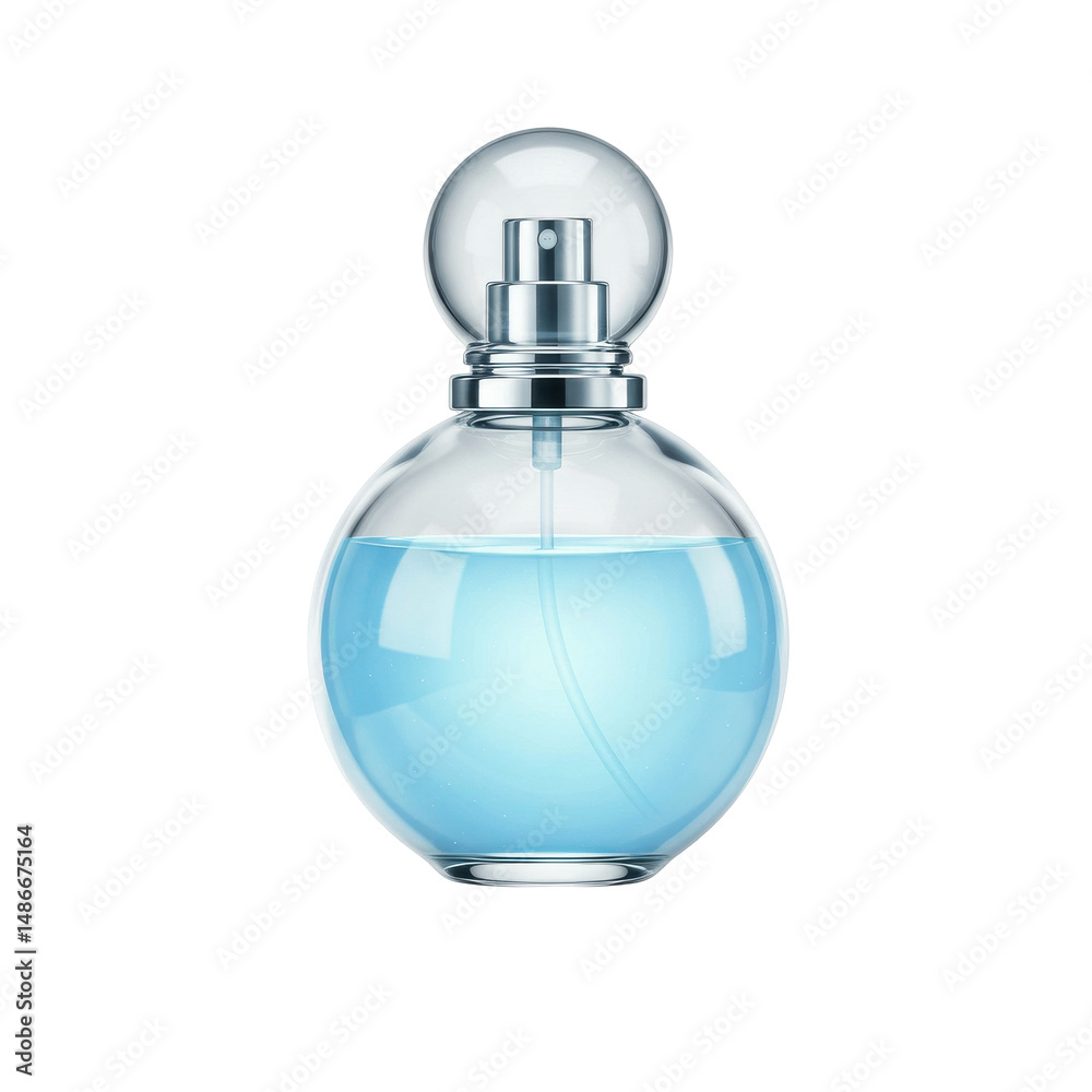 Round glass perfume bottle, filled with a blue liquid, against a stark black backdrop
