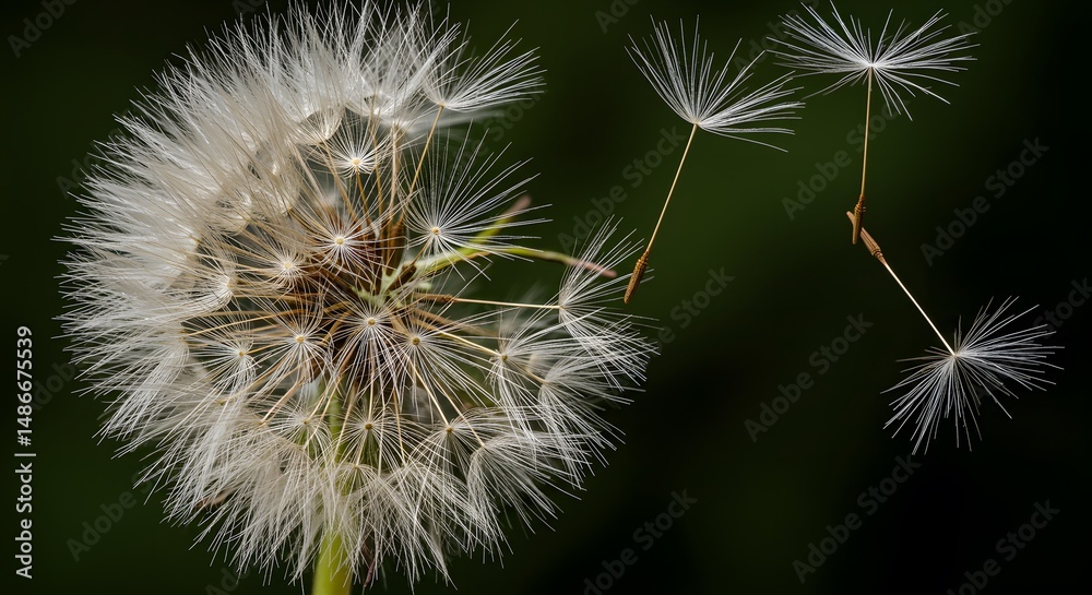 Fototapeta premium A detailed shot captures the delicate structure of a seed head, with its intricate seed dispersal mechanism highlighted against the dark backdrop.