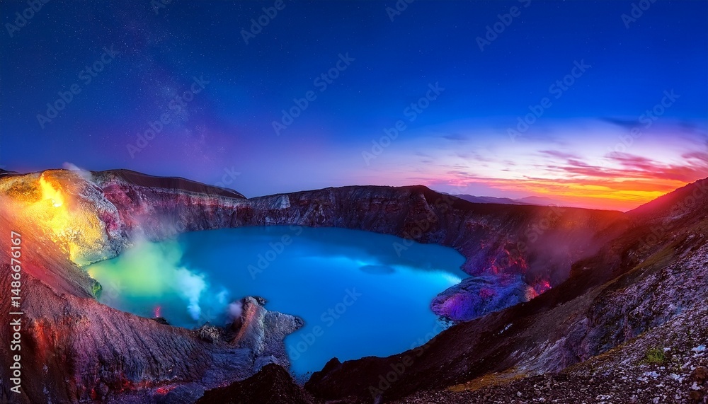 Naklejka premium volcanic crater lake at night vibrant colors