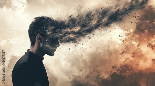 Man facing left, with thoughts visualized as a tornado coming out of his head, flat artistic background generative ai