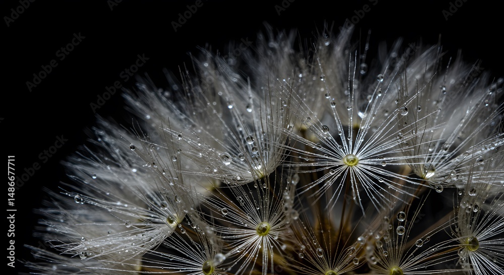 Naklejka premium Close-up of a delicate dandelion seed head with water droplets, set against a striking black background, showcasing nature's intricate beauty.