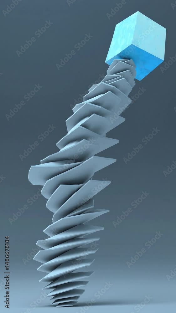 Structure spiralée minimaliste surmontée d’un cube bleu

