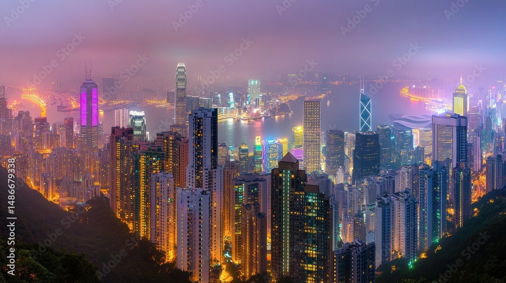 Obraz premium Elevated panoramic view of illuminated Hong Kong cityscape.