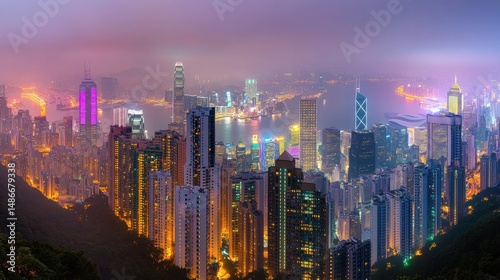 Elevated panoramic view of illuminated Hong Kong cityscape.
