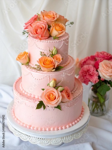 3 Tier lite pink Birthday Cake with Peach Roses on White Background
