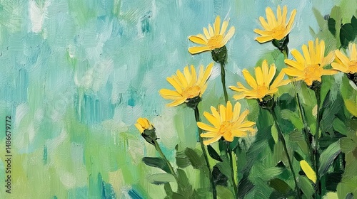 Vibrant yellow flowers on a teal background painting.