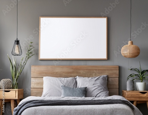 Wallpaper Mural horizontal wide light wood framed wall art mockup on a gray loft bedroom wall gray wall space Torontodigital.ca
