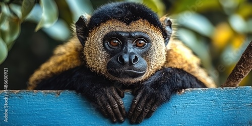 A curious primate rests its forearms on a weathered blue surface, gazing intently at the viewer.  Its dark fur contrasts with lighter, tan fur on its face and body