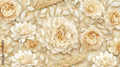 A decorative design of  light beige flowers and foliage. photo